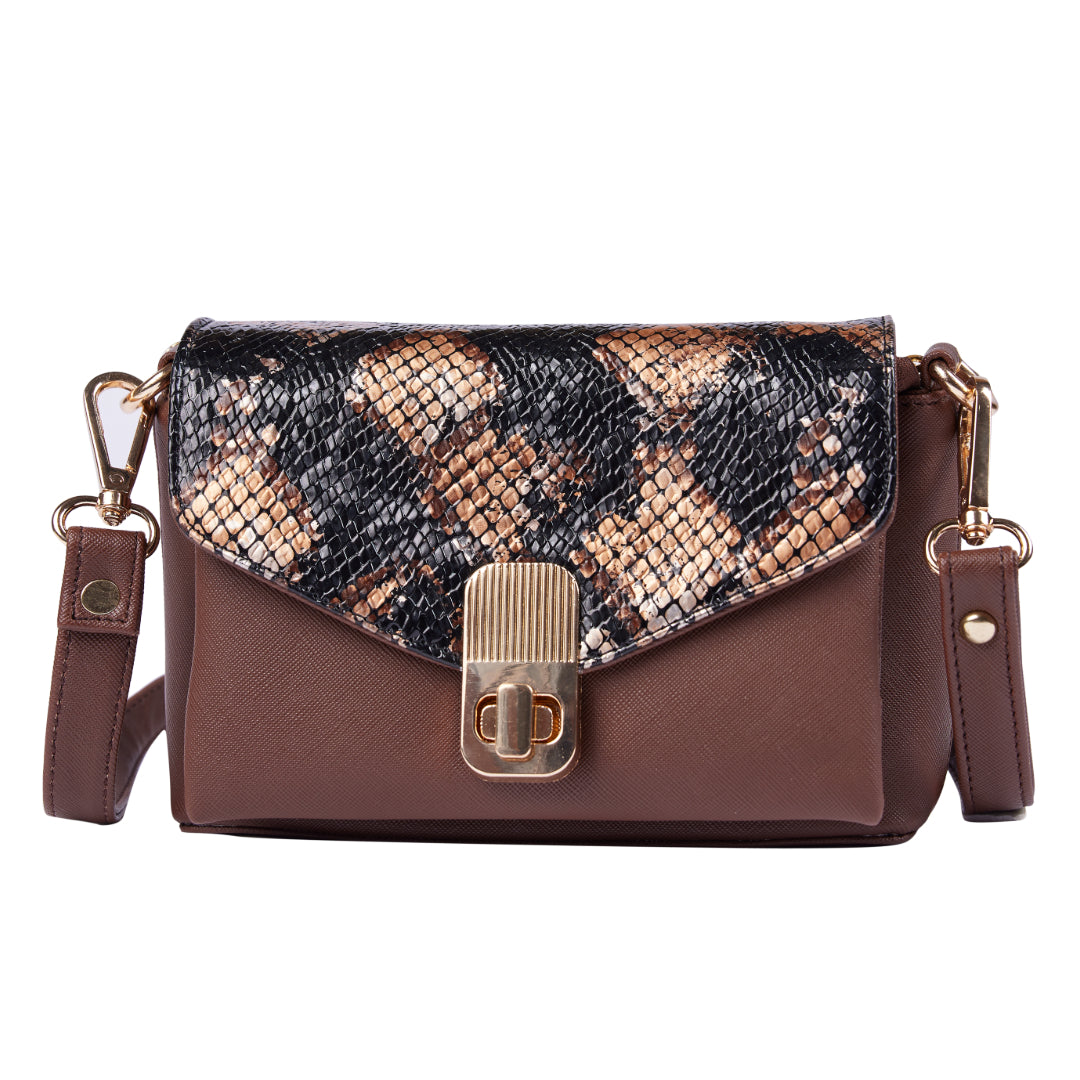 Black Brown Snake Skin Saffiano PU Leather Shoulder Crossbody