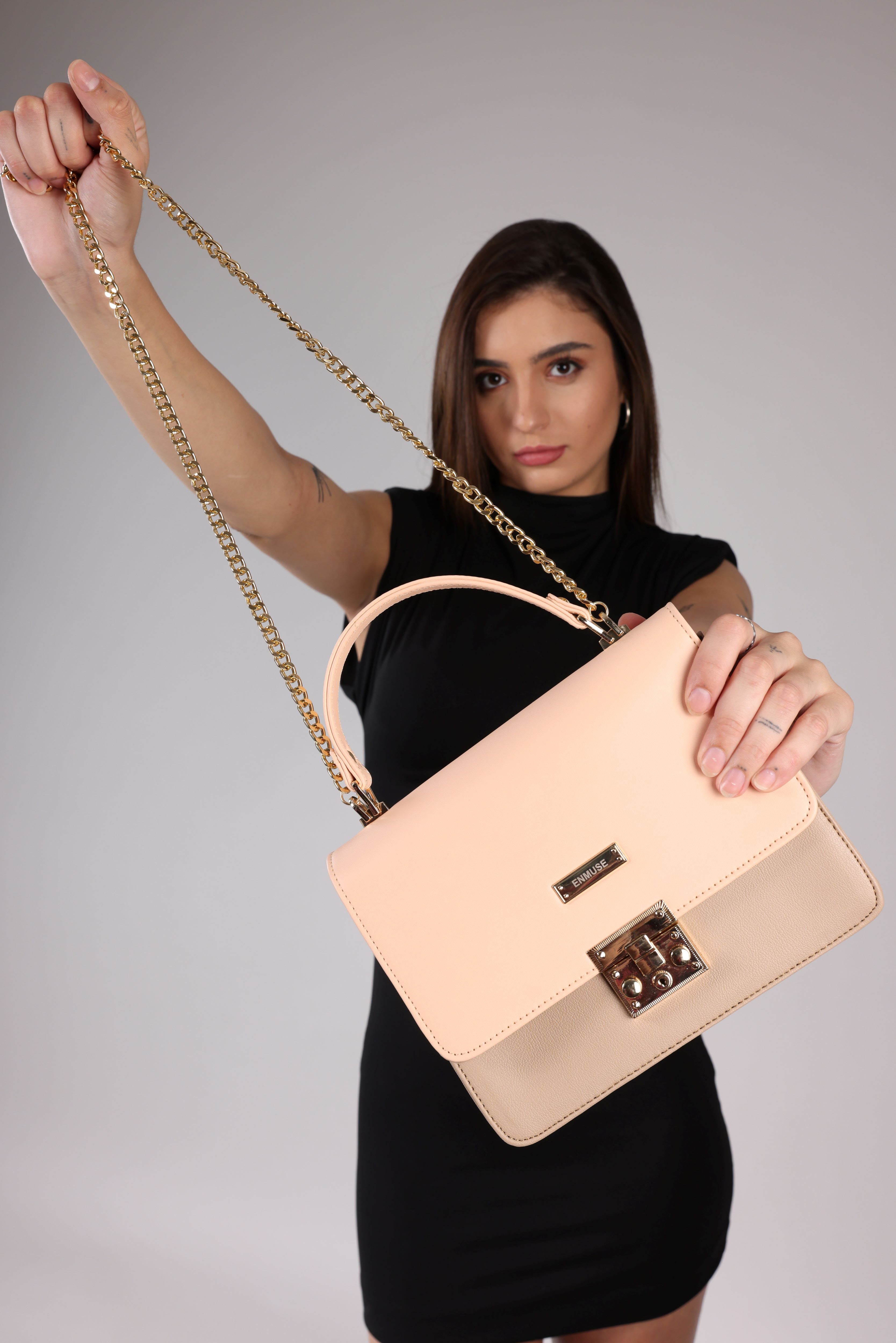 Peach & Beige Casual Grain PU Hand Bag