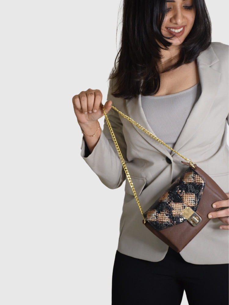 Black & Brown Snake Skin / Saffiano PU Leather Shoulder + Crossbody