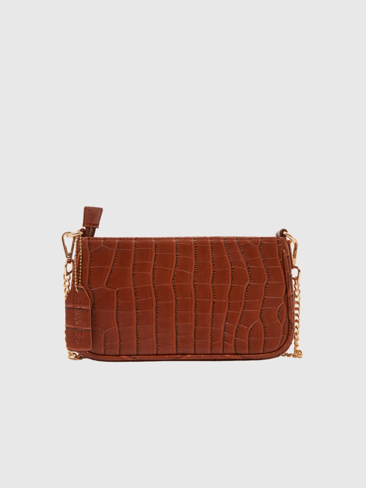 Cognac Brown Croco PU Leather Shoulder Bag