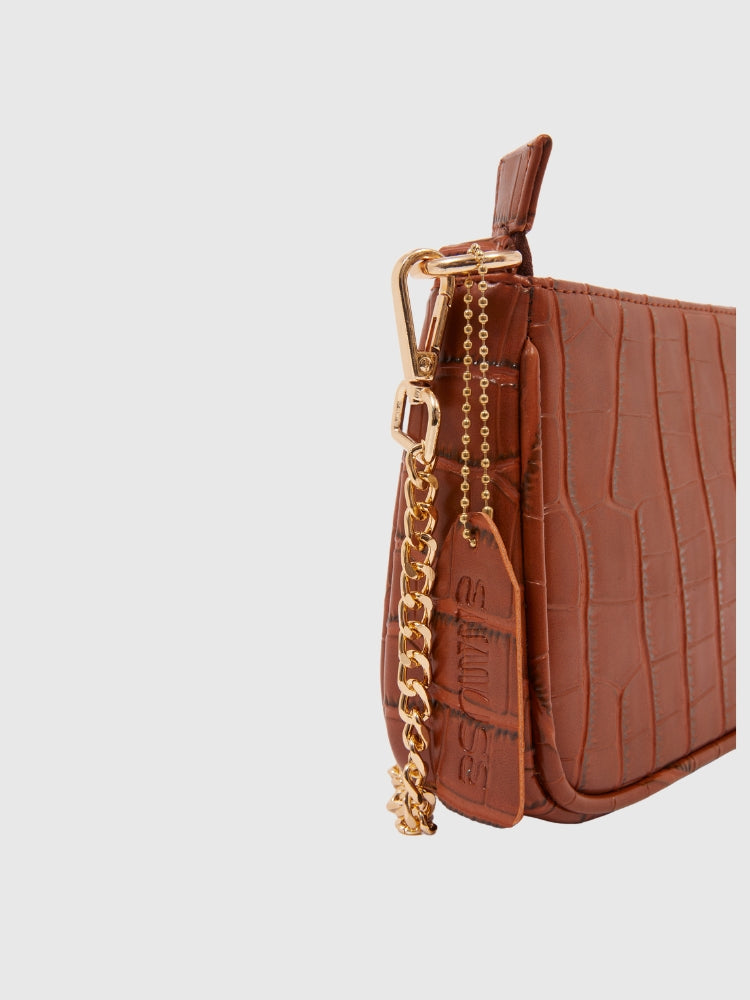 Cognac Brown Croco PU Leather Shoulder Bag