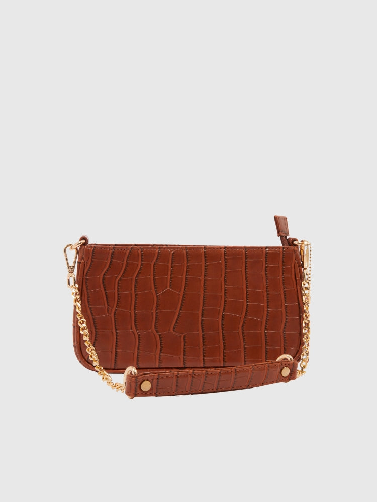 Cognac Brown Croco PU Leather Shoulder Bag