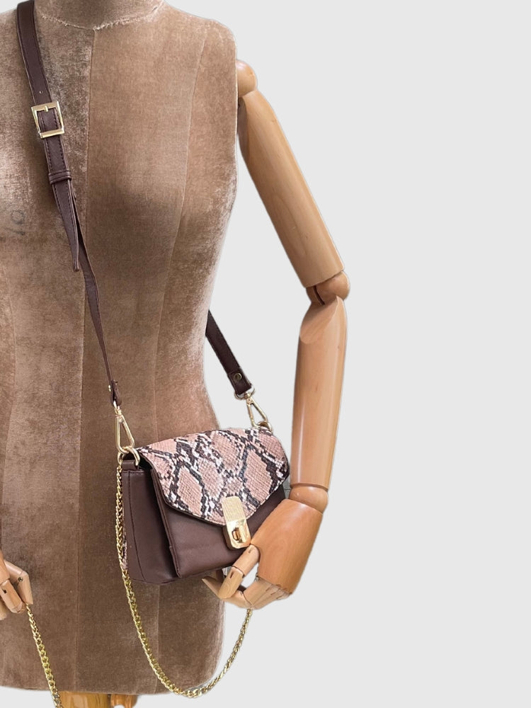 Beige & Brown Snake Skin / Saffiano PU Leather Shoulder + Crossbody