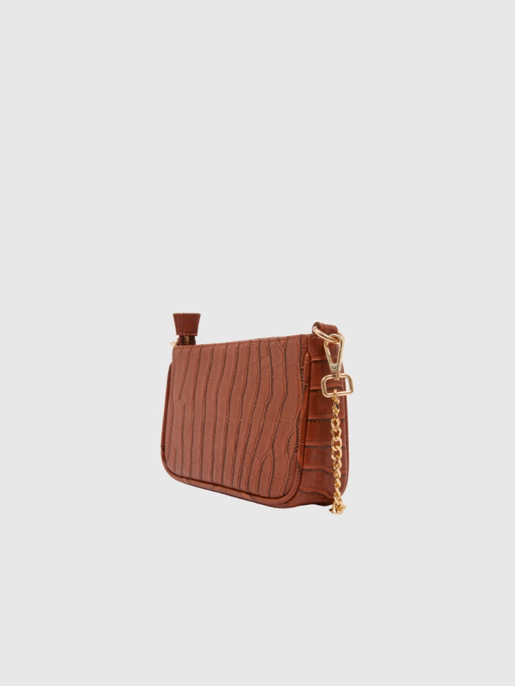 Cognac Brown Croco PU Leather Shoulder Bag