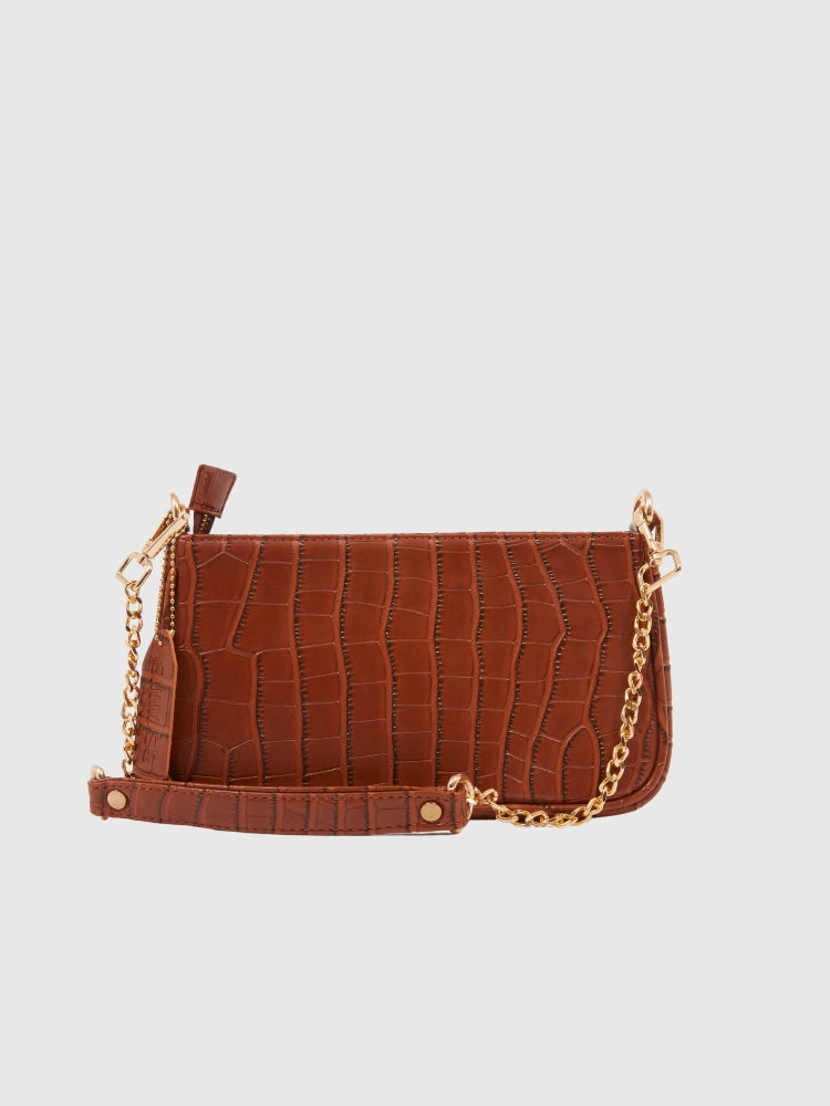 Cognac Brown Croco PU Leather Shoulder Bag