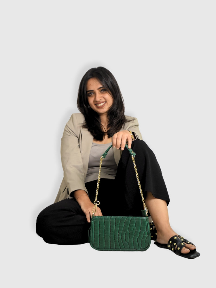 Bottle Green Croco PU Leather Shoulder Bag