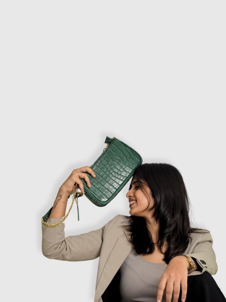 Bottle Green Croco PU Leather Shoulder Bag