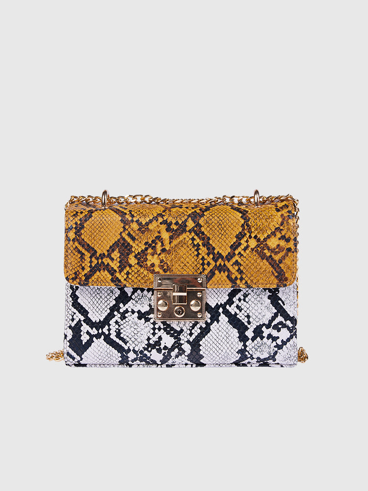 Yellow, White & Grey BOX Shoulder + Crossbody in Snake Skin PU Leather