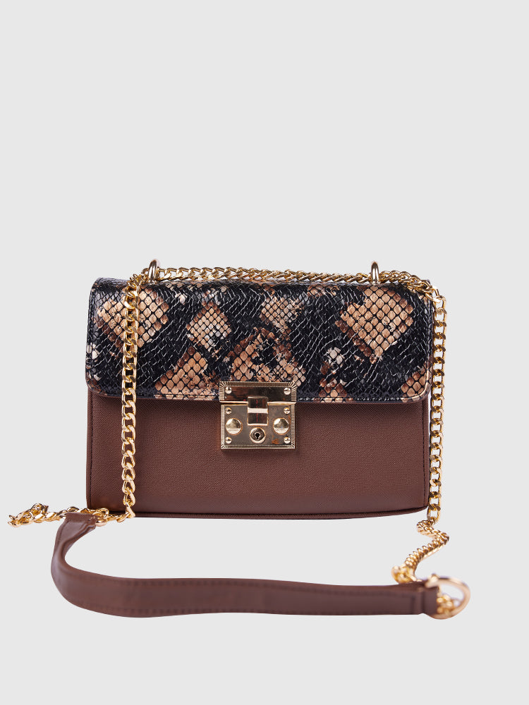 Black & Brown BOX Shoulder + Crossbody in Snake Skin / Saffiano PU Leather