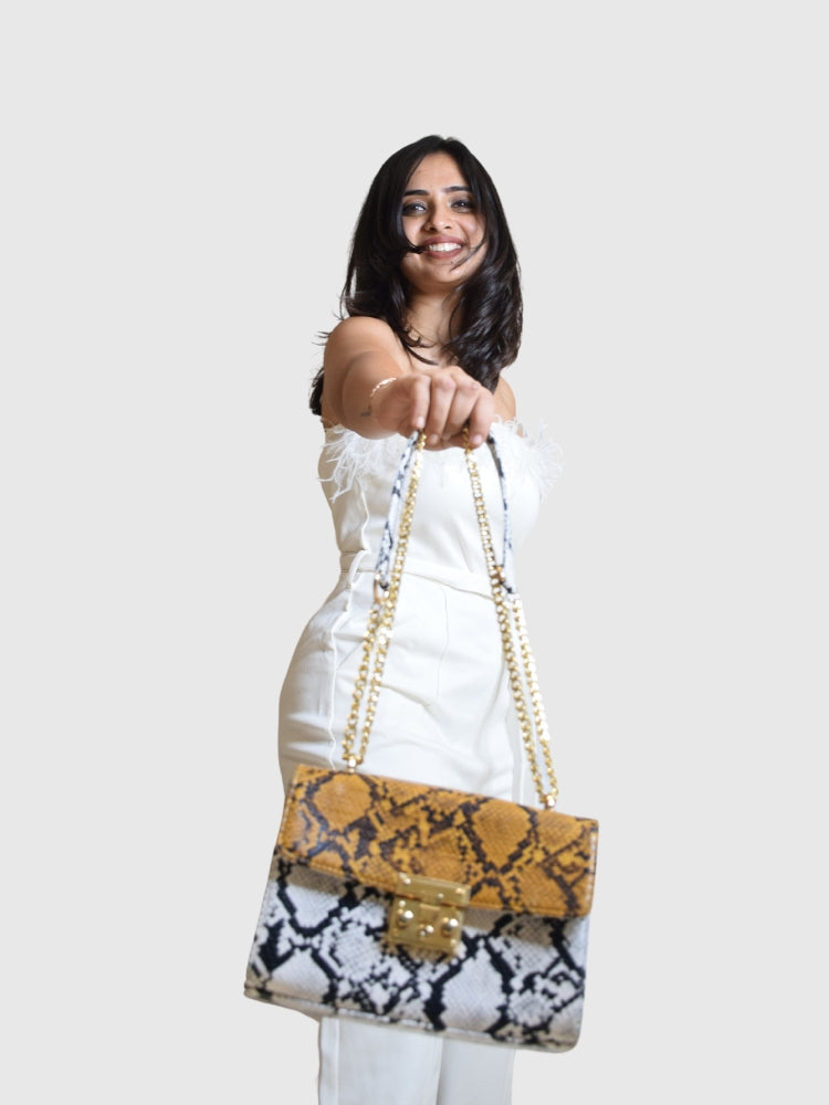 Yellow, White & Grey BOX Shoulder + Crossbody in Snake Skin PU Leather