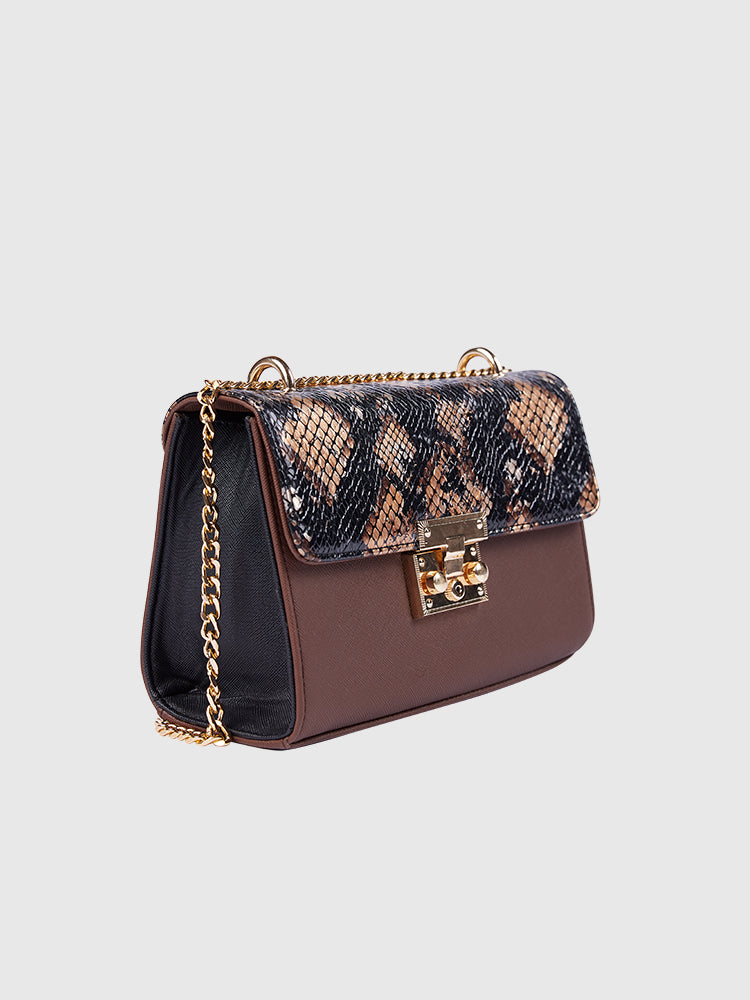 Black & Brown BOX Shoulder + Crossbody in Snake Skin / Saffiano PU Leather