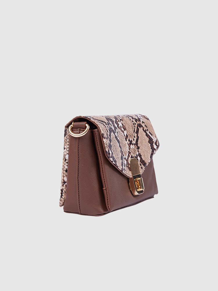 Beige & Brown Snake Skin / Saffiano PU Leather Shoulder + Crossbody