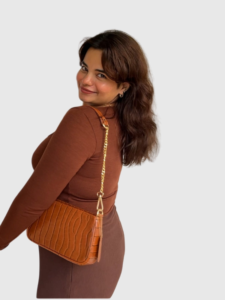 Cognac Brown Croco PU Leather Shoulder Bag