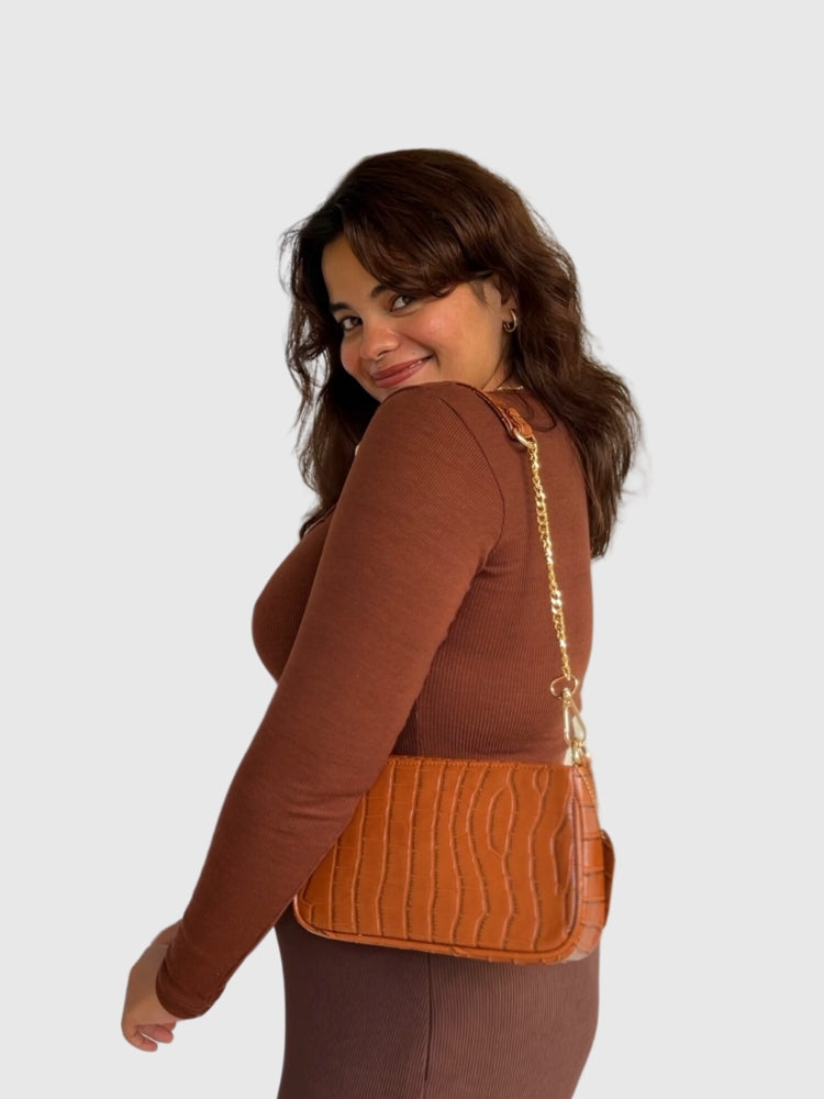 Cognac Brown Croco PU Leather Shoulder Bag