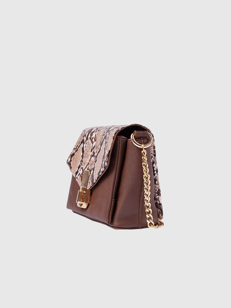 Beige & Brown Snake Skin / Saffiano PU Leather Shoulder + Crossbody