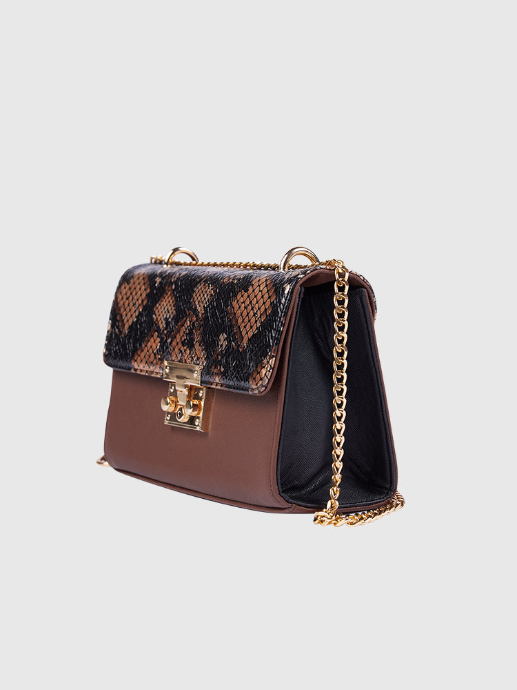 Black & Brown BOX Shoulder + Crossbody in Snake Skin / Saffiano PU Leather