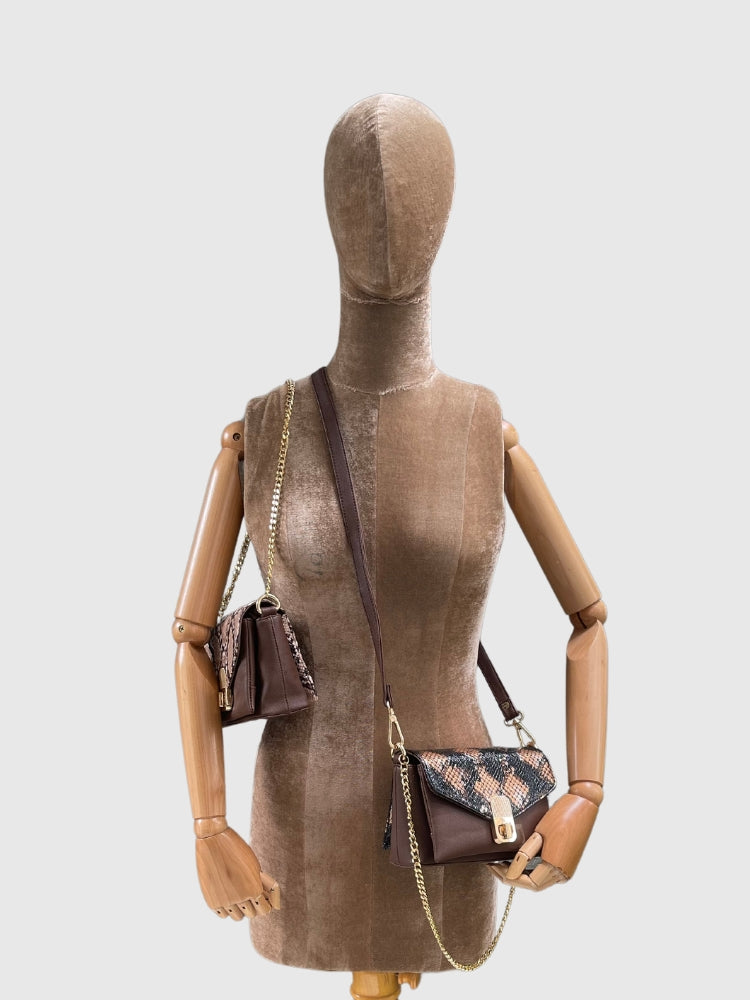 Beige & Brown Snake Skin / Saffiano PU Leather Shoulder + Crossbody