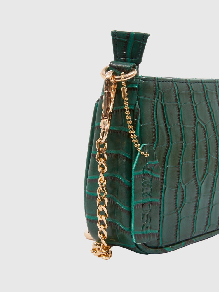 Bottle Green Croco PU Leather Shoulder Bag