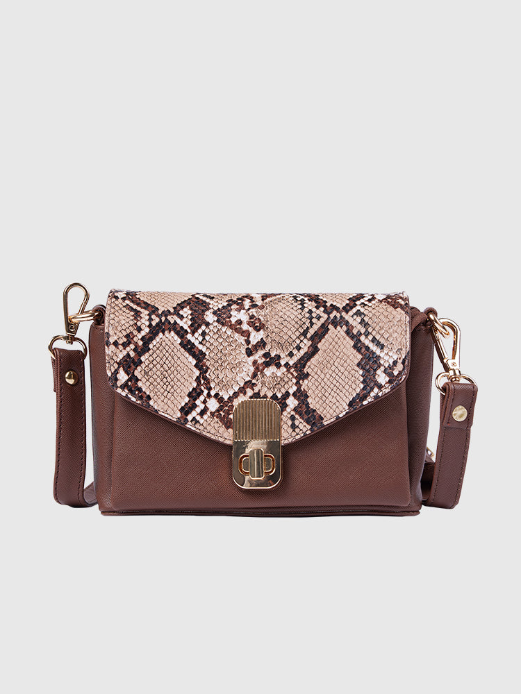 Beige & Brown Snake Skin / Saffiano PU Leather Shoulder + Crossbody