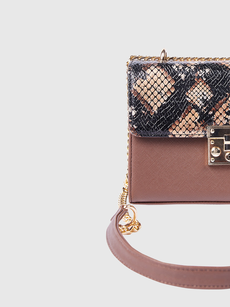 Black & Brown BOX Shoulder + Crossbody in Snake Skin / Saffiano PU Leather