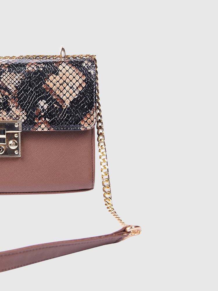 Black & Brown BOX Shoulder + Crossbody in Snake Skin / Saffiano PU Leather