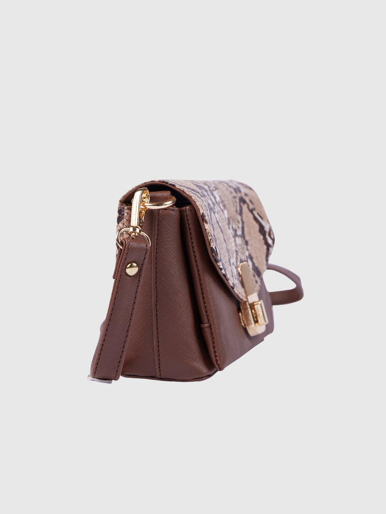 Beige & Brown Snake Skin / Saffiano PU Leather Shoulder + Crossbody