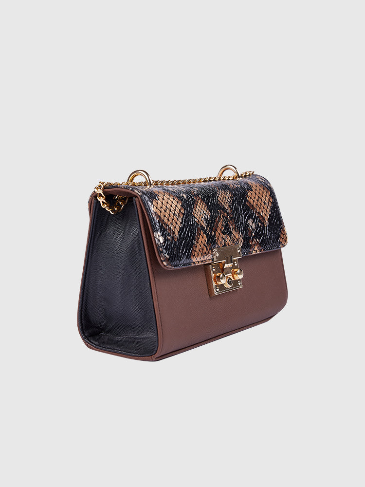 Black & Brown BOX Shoulder + Crossbody in Snake Skin / Saffiano PU Leather