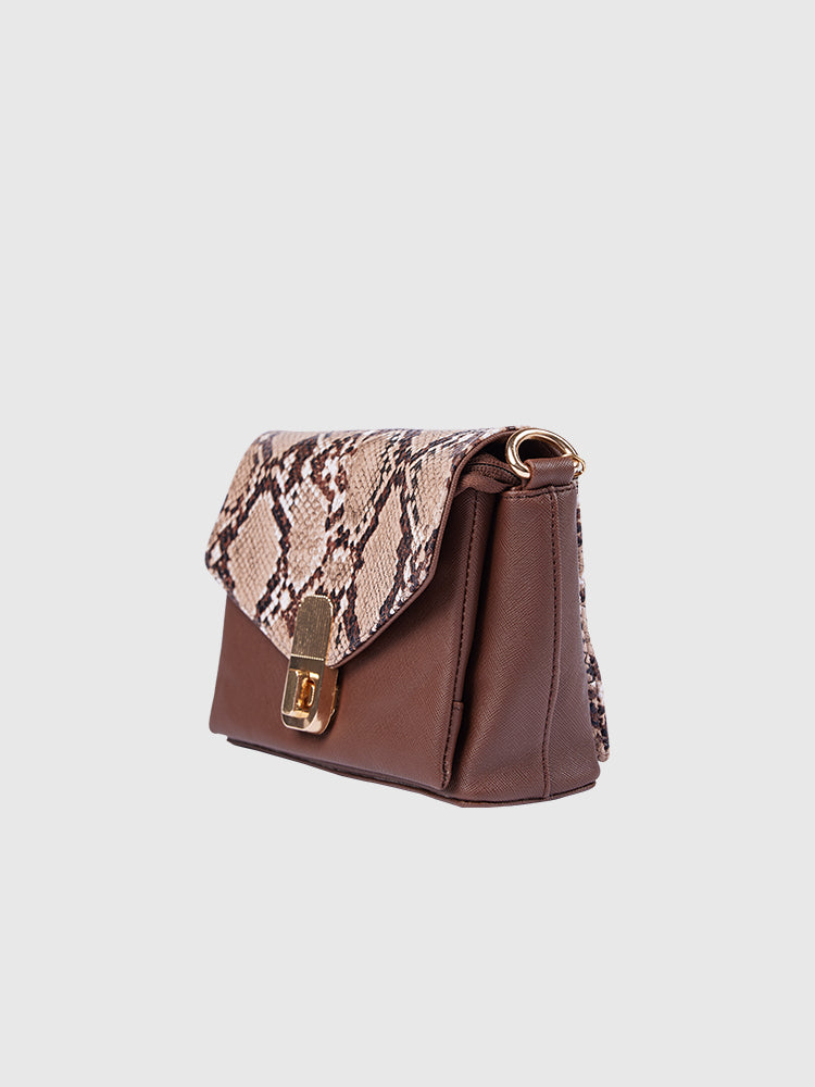 Beige & Brown Snake Skin / Saffiano PU Leather Shoulder + Crossbody