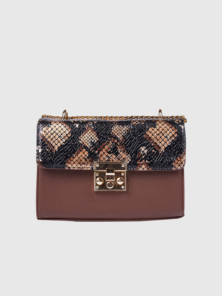 Black & Brown BOX Shoulder + Crossbody in Snake Skin / Saffiano PU Leather