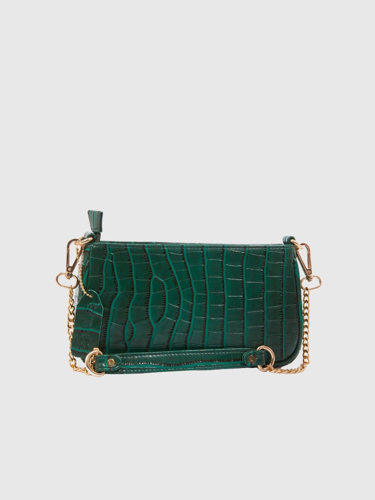 Bottle Green Croco PU Leather Shoulder Bag