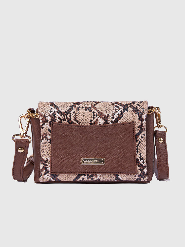 Beige & Brown Snake Skin / Saffiano PU Leather Shoulder + Crossbody