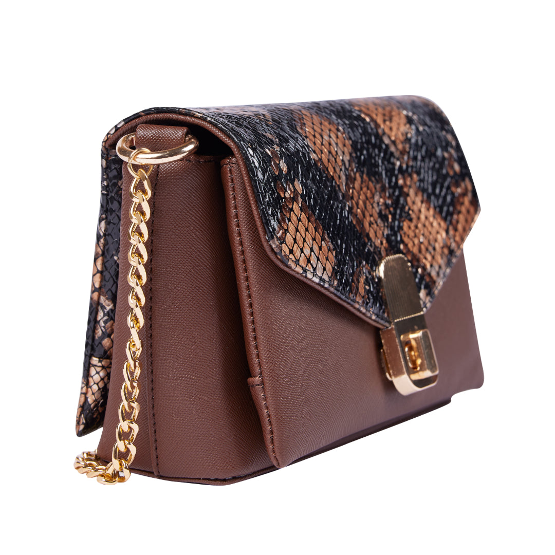 Black Brown Snake Skin Saffiano PU Leather Shoulder Crossbody